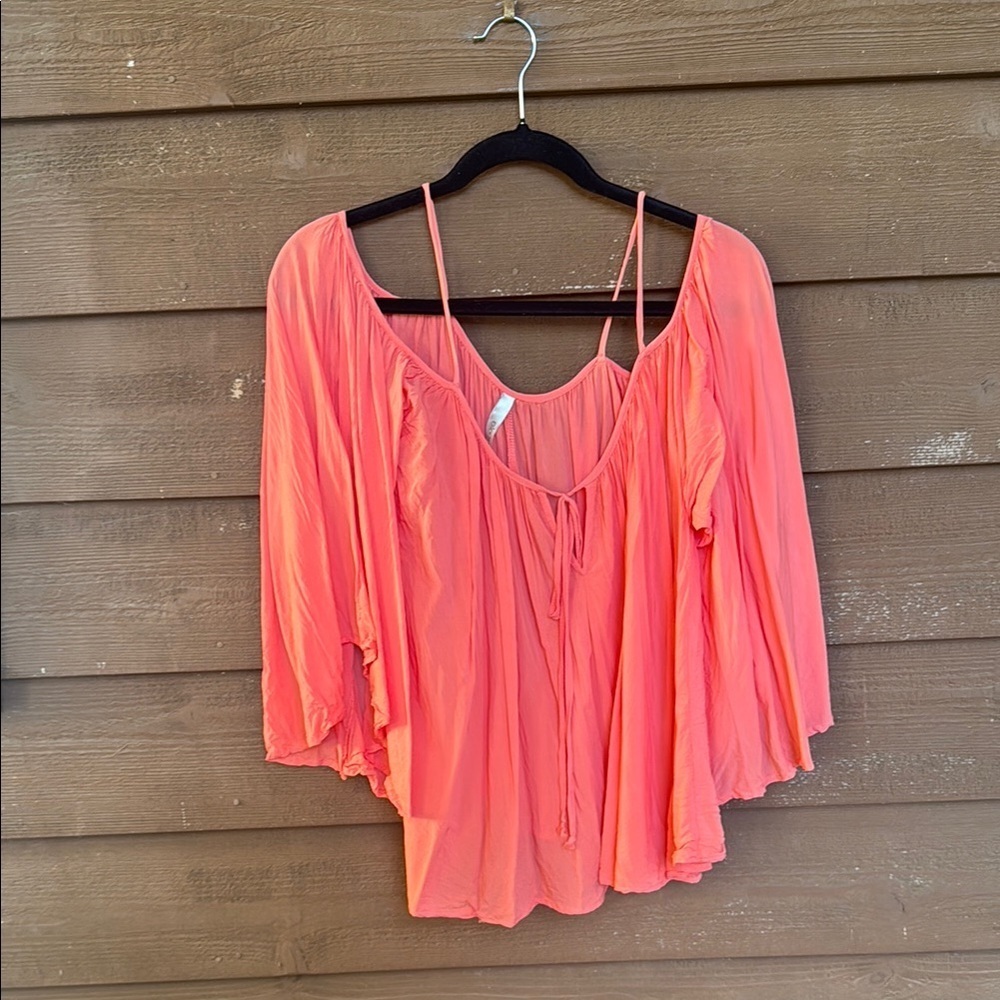 Elan Orange and Pink Flutter Sleeve Blouse with Tie Front size S